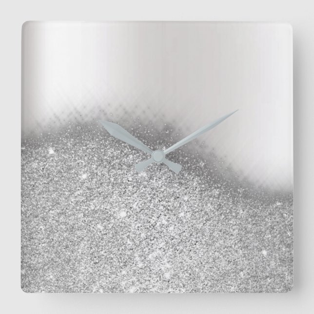 Monochromatic Glitter Silver Grey Minimal Metallic Square Wall Clock (Front)