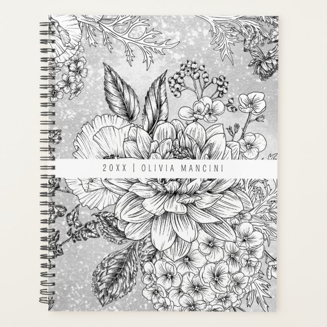 Monochromatic Grey Vintage Floral Planner (Front)