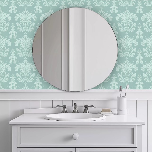 Monochromatic Intricate Teal Wallpaper (Monochromatic Intricate Teal Wallpaper in a white bathroom.)