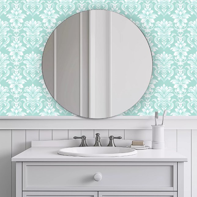 Monochromatic Intricate Turquoise Wallpaper (Monochromatic Intricate Turquoise Wallpaper in a white bathroom.)