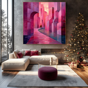 Monochromatic Pink Abstract Cityscape with Pathway Canvas Print