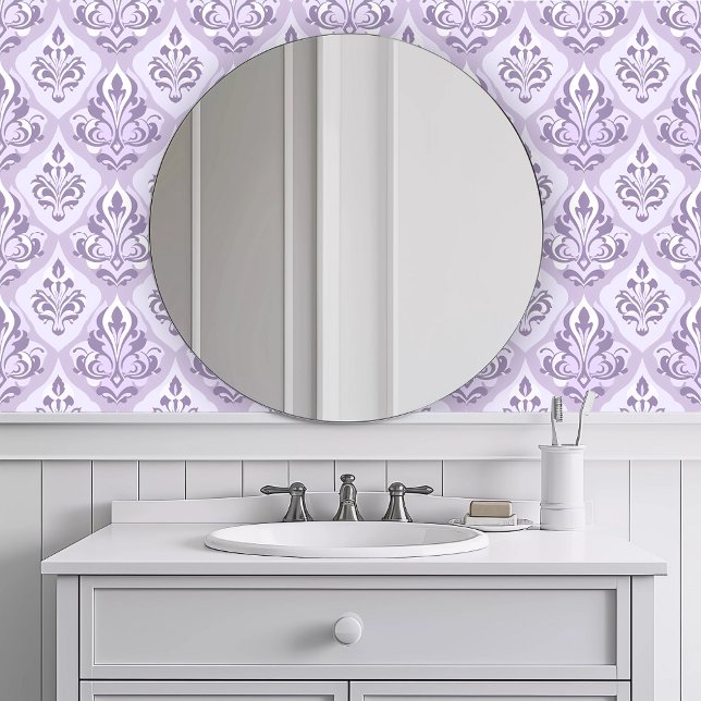 Monochromatic Repeating Purple Fauna Wallpaper (Monochromatic Pink Fleur Wallpaper in a white bathroom.)