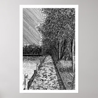 Monochromatic Scenic Lake Promenade Line Art Print
