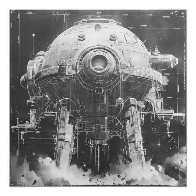 Monochromatic Sci-Fi Blueprint Photo Print (Front)