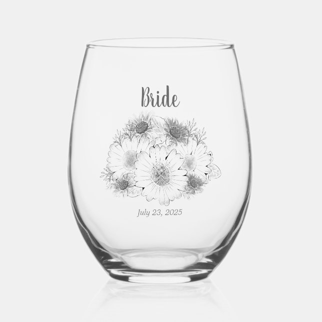  Monochromatic Sketch Minimalist Daisy Bride Stemless Wine Glass (Front)