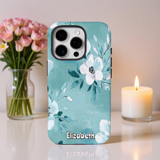Monochromatic Teal Floral iPhone 16 Pro Case