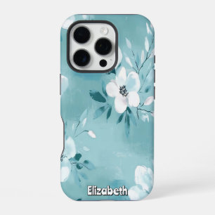 Monochromatic Teal Floral iPhone 16 Pro Case