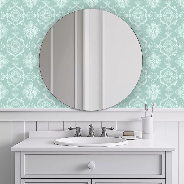 Monochromatic Teal Repeating  Wallpaper (Monochromatic Teal Repeating Wallpaper in a white bathroom.)