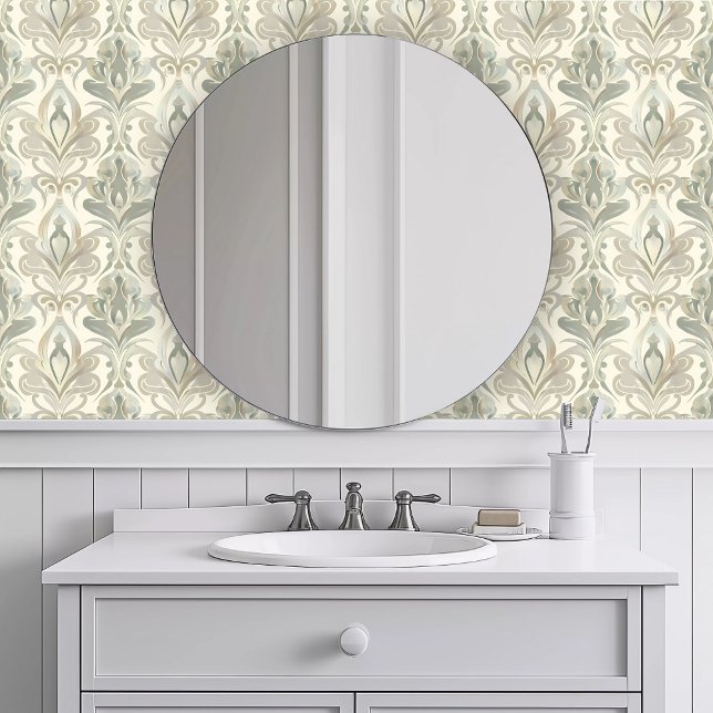 Monochromatic Tropical Olive Wallpaper (Monochromatic Tropical Olive Wallpaper in a white bathroom.)
