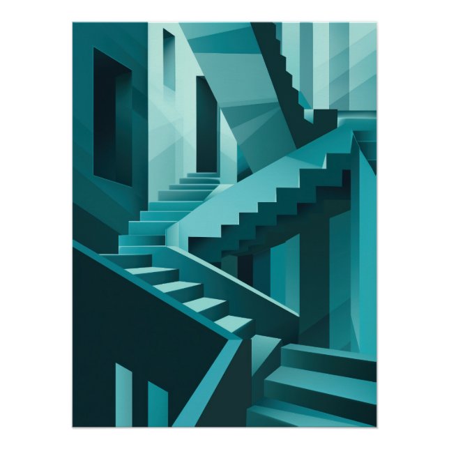 Monochromatic Turquoise Isometric Staircase Maze Poster (Front)