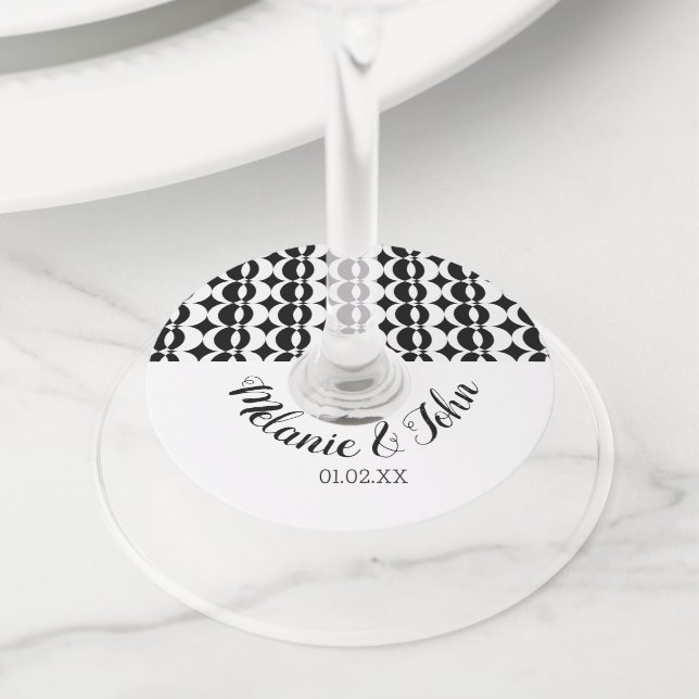 Monochrome Abstract Circular- Couples Name Wine Glass Tag (Close Up)