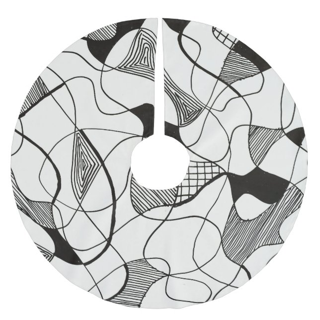 Monochrome Abstract Pen Ink Sketch Brushed Polyester Tree Skirt (Front)