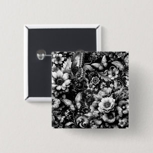 Monochrome Antique Floral with Butterflies 15 Cm Square Badge