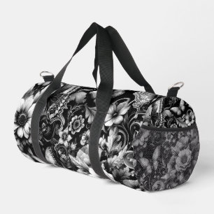Monochrome Antique Floral with Butterflies Duffle Bag