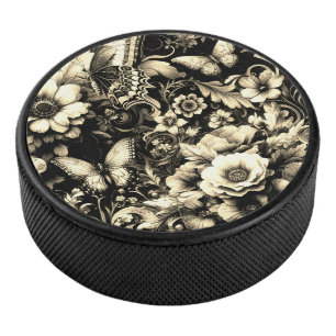 Monochrome Antique Floral with Butterflies Hockey Puck