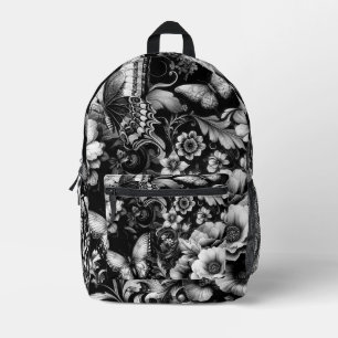 Monochrome Antique Floral with Butterflies Printed Backpack