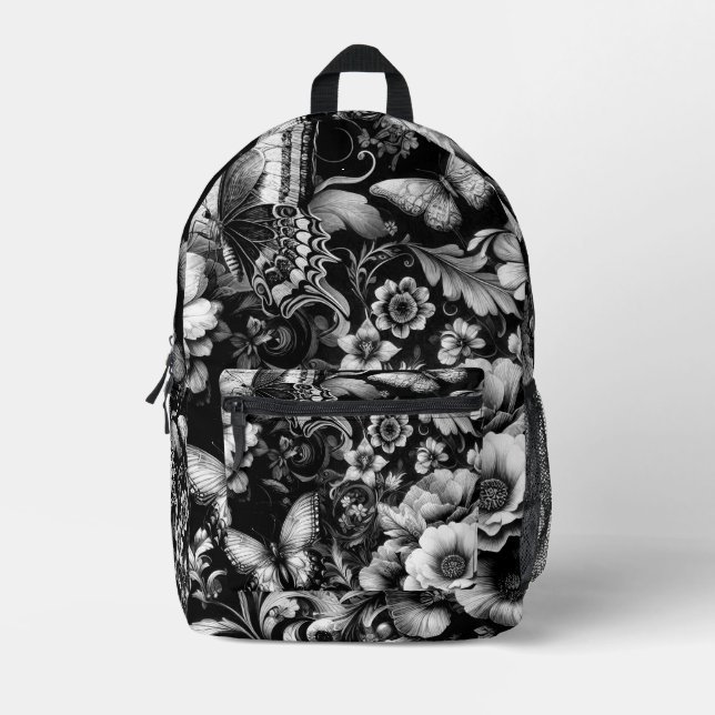  Monochrome Antique Floral with Butterflies  Printed Backpack (Front)