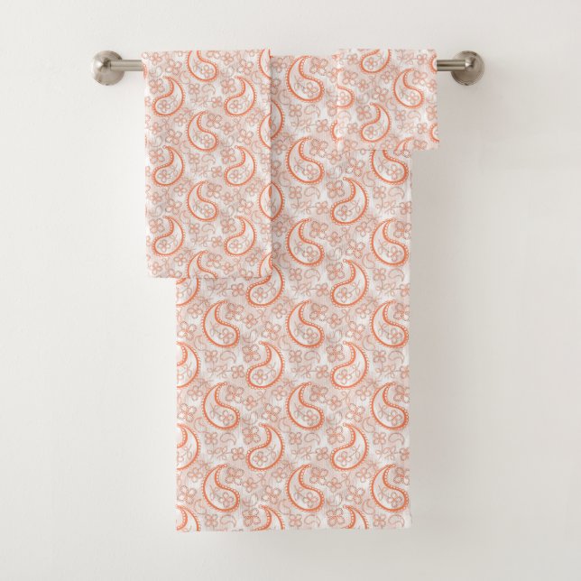 Monochrome beige white orange paisley pattern. bath towel set (Insitu)