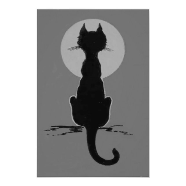 Monochrome Black And White Black Cat Full Moon Photo Print (Front)