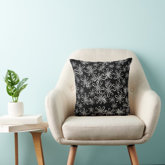 Monochrome Black and White Daisies Pattern Cushion (Chair)