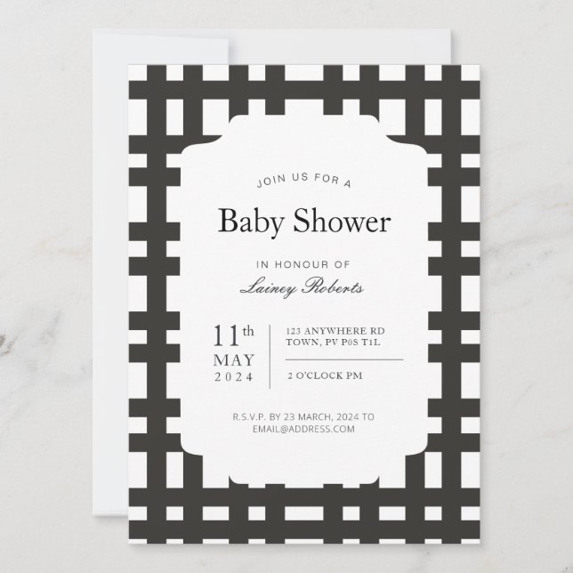 Monochrome Black White Bold Plaid Geometric Invitation (Front)