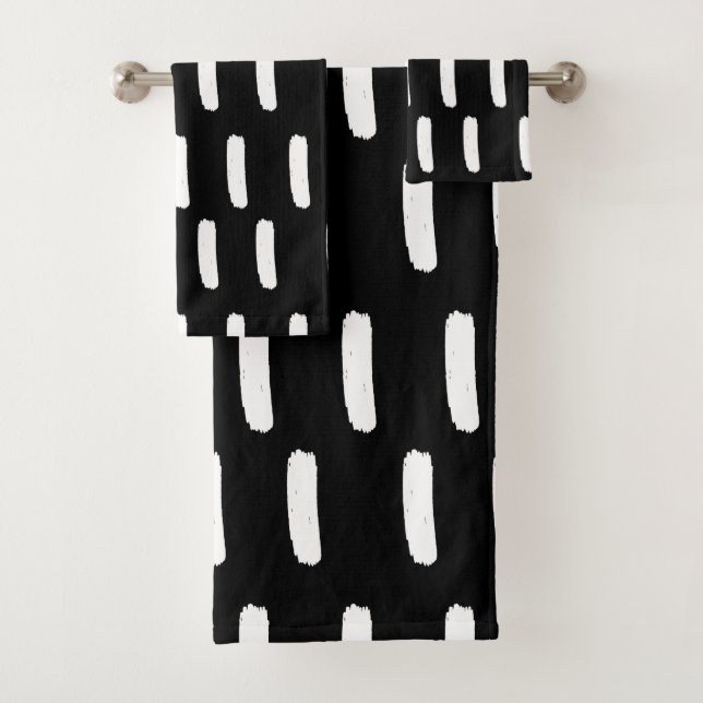 Monochrome Black & White Brush Strokes  Throw Pill Bath Towel Set (Insitu)