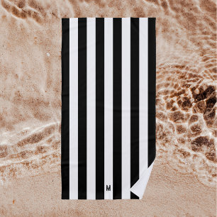 Monochrome Black & White Cabana Stripe Monogram Beach Towel