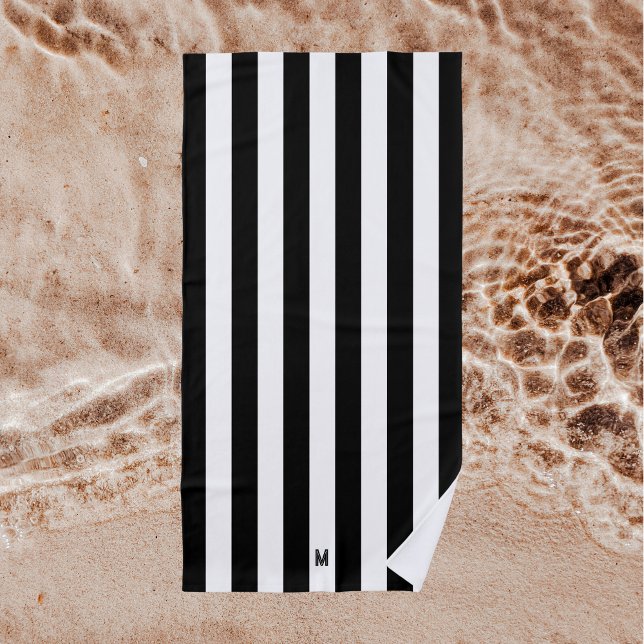 Monochrome Black & White Cabana Stripe Monogram Beach Towel (Creator Uploaded)