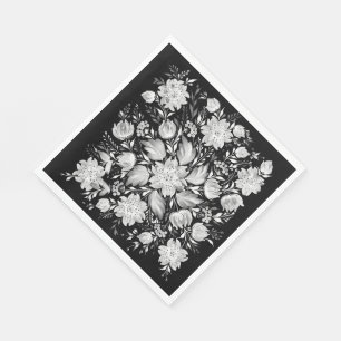 Monochrome Black & White Floral Folk Art Napkin
