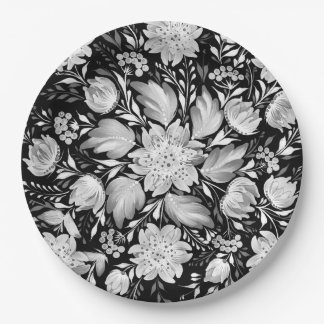 Monochrome Black & White Floral Folk Art Paper Plate