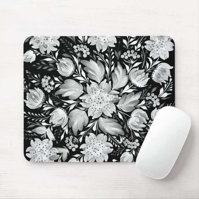 Monochrome Black & White Folk Art Mouse Pad (With Mouse)