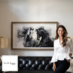 Monochrome Black White Horses   Large Wall Art