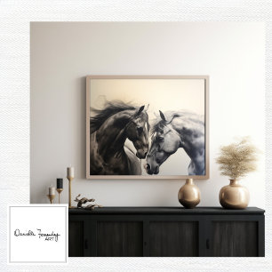 Monochrome Black White Horses   Large Wall Art