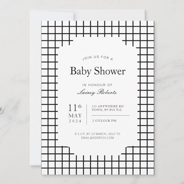 Monochrome Black White Square Geometric Plaid Invitation (Front)
