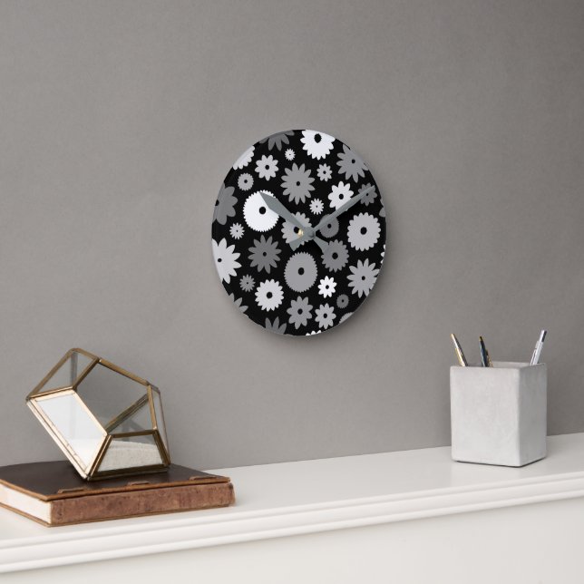 Monochrome Blooms Large Pattern Round Clock (Office)