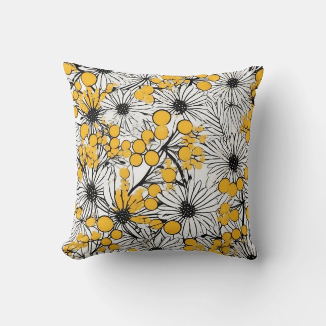 Monochrome Blooms: Mimosa and Daisy Fusion Cushion (Front)