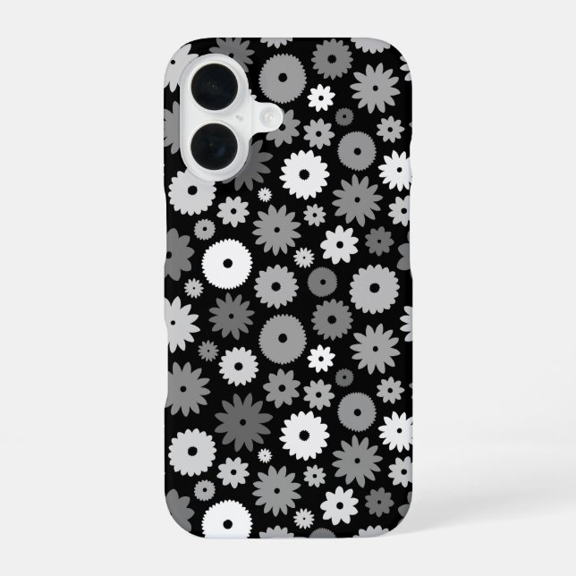 Monochrome Blooms Repeat Pattern iPhone 16 Case (Back)