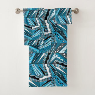 Monochrome blue ethnic ornament. bath towel set