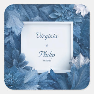 Monochrome Blue Floral Sculptural Foliage Wedding Square Sticker