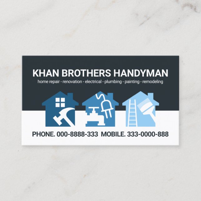 Monochrome Blue Layers Handyman Home Tools Business Card (Front)