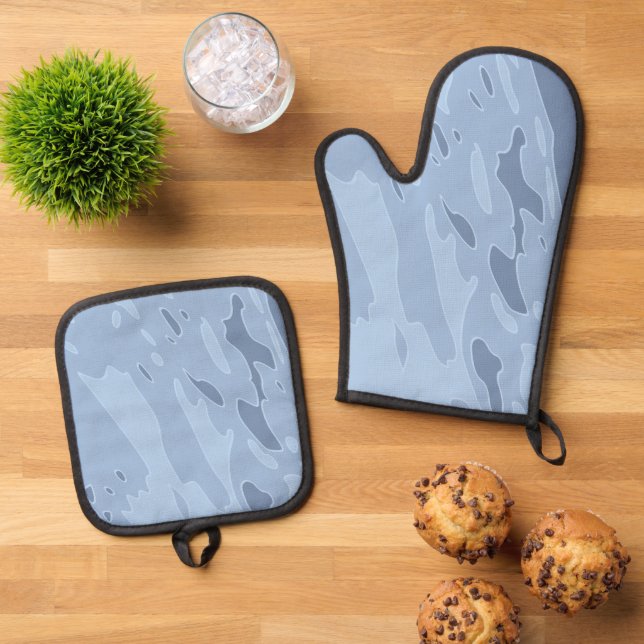 Monochrome Blue Organic Shifting Shapes Oven Mitt & Pot Holder Set (Top Down)