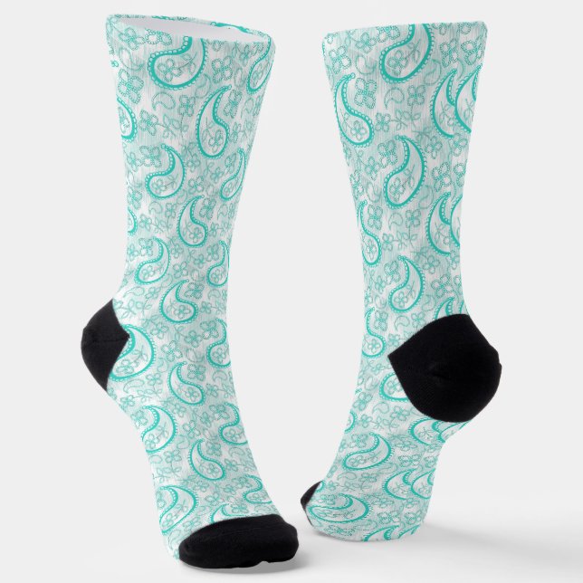 Monochrome blue turquoise paisley pattern socks (Angled)