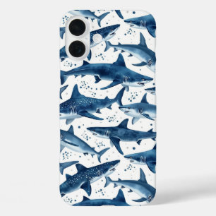 Monochrome blue watercolour shark ocean  iPhone 16 plus case