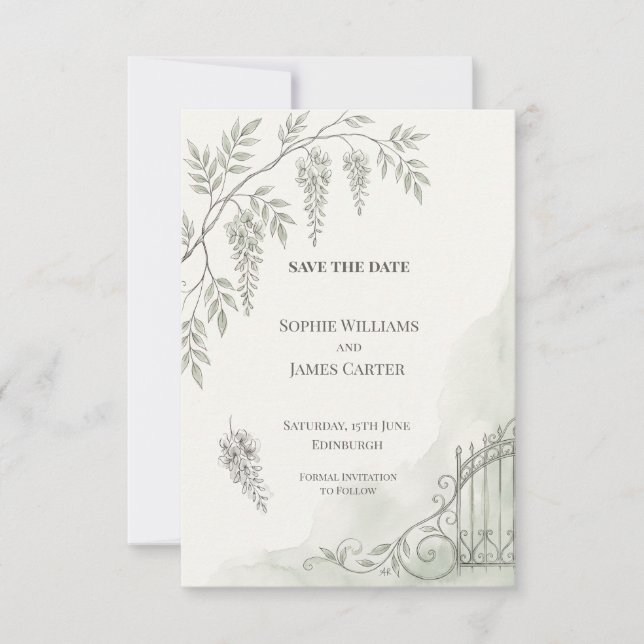 Monochrome Botanical Foliage Wedding Save The Date (Front)
