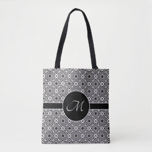 Monochrome Celtic Knot Pattern Monogram Tote Bag