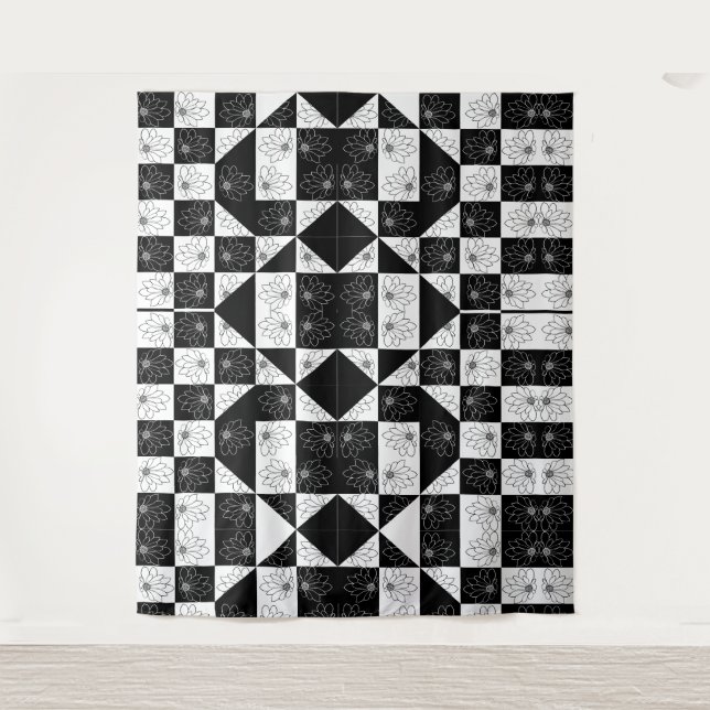 Monochrome Chequerboard and floral Glamour Pattern Tapestry (Front)