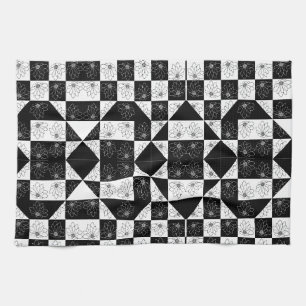 Monochrome Chequerboard and floral Glamour Pattern Tea Towel