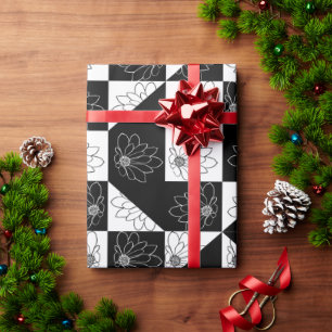 Monochrome Chequerboard and floral Glamour Pattern Wrapping Paper