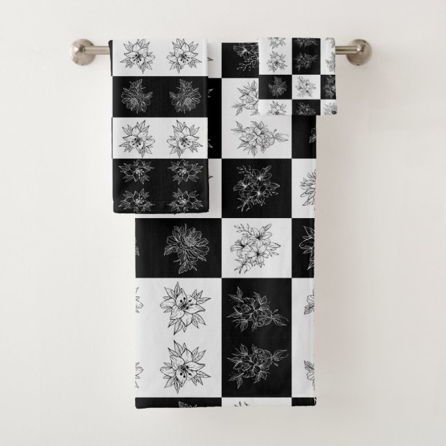 Monochrome Chequerboard FLowers Elegant pattern Bath Towel Set (Insitu)
