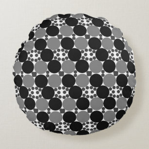 Monochrome Circles: Abstract Black White And Grey, Round Cushion